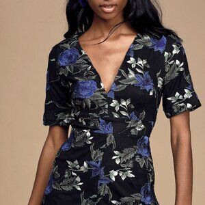 NWT Lulus Midnight Rendezvous Black Floral Embroidered Romper